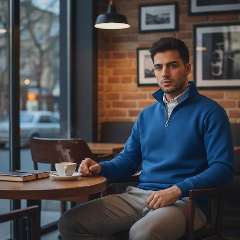 پکیج دورس مردانه نیم زیپ مدل Behbod-آبی  پیراهن مردانه سفید VQویژه